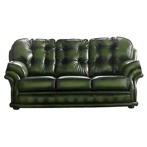 Chesterfield 3 Seater Antique Green Leather Sofa Bespoke In Knightsbridge Style