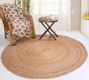 DHAKA Rustic Round Rug Hand Woven Mat with Natural Fibre Indian Jute Flat Pile - Extra Large Floor Covering