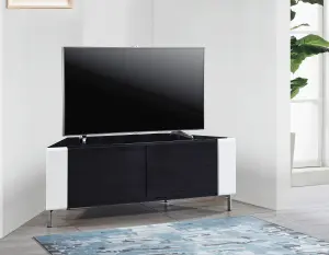 MDA Designs CORVUS Corner-Friendly Black with White Profiles Black BeamThru Glass Doors Stand for Flat Screen TVs up to 50"