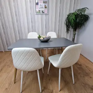 Dining Table Set of 4 Wooden Grey Table with 4 White Gem Patterend Chairs