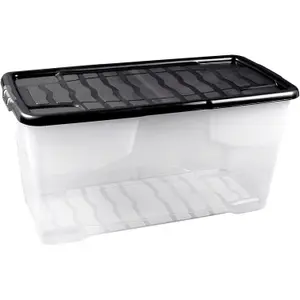 1 x 42 Litre Clear Transparent Base Stackable Curve Plastic Storage Box With Black Lid