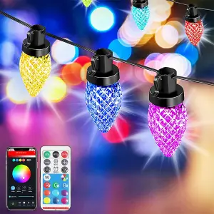 6M LED Outdoor Smart Garden Solar String Lights Festoon Lights with 15 Bulbs RGB Remote Control/APP Control