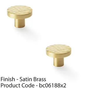 2 PACK - Slim Hammered Door Knob - Satin Brass 38mm Round Cupboard Cabinet Pull Handle