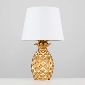 ValueLights Contemporary Pineapple Design Table Lamp In Gold Effect Finish With White Shade And LED Golfball Bulb In Warm White