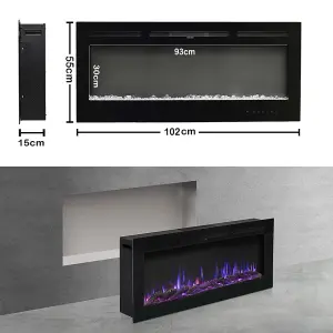 Black Electric Fire Wall Mounted or Inset Fireplace Heater 12 Flame Colors Adjustable with Remote Control 40 Inch