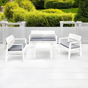 URBNLIVING 121cm Width 4 Pcs Rattan Garden Furniture Sofa Arm Chairs Side Table Outdoor White Set with Cushions