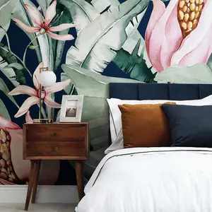 Exotic Flowers Mural In Navy and Green And Pink (300cm x 240cm)