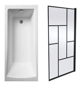 Square Single Ended Bath and Abstract Black Bath Screen - 1700 x 700mm