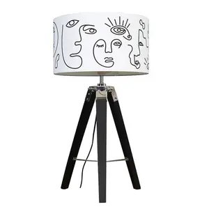 Margaree Black Wood & Chrome Tripod Table Lamp With Large Art Design Drum Shade & GLS 3000K ES E27 LED Bulb Yes