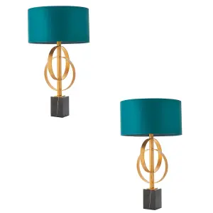 2 PACK Antique Gold Table Lamp & Teal Satin Shade - Black Marble Base Desk Light