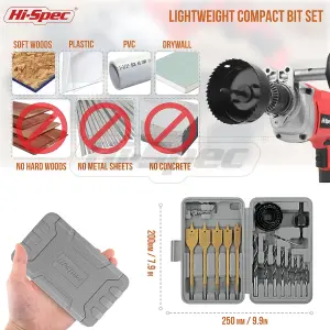 Hi-Spec 18pc Wood Hole Saws, Brad Points & Spade Drill Bit Set for Drill Drivers in a Compact Tool Kit Case