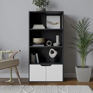 URBNLIVING Height 118Cm 4 Tier Wooden Bookcase Cupboard with Doors Storage Shelving Display Colour Black Door White Cabinet Unit