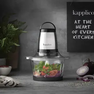 KAPPLICO Chrome Mini Chopper Mini Food Processor 4 bi-Level Blades - Energy Saver 250W Dual Speed - 2.0L Food Capacity Glass Bowl