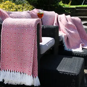 Woven Indoor Outdoor Washable Diamond Cuddly Throw Coral Pink - 130cm x 180cm