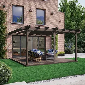 Wall Mounted Double Garden Pergola and Decking Kit - Wood - L420 x W420 cm - Rustic Brown