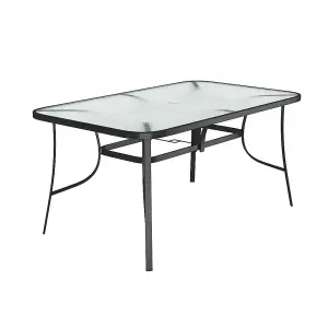 Black Rectangular Tempered Glass Tabletop Metal Outdoor Garden Coffee Table with Parasol Hole 150cm