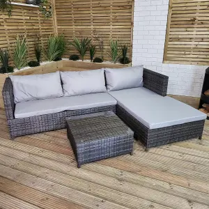 3PC 4 Seater Brown Rattan Chair Garden Sofa Set Daybed With Grey Cushions and Glass Top Coffee Table