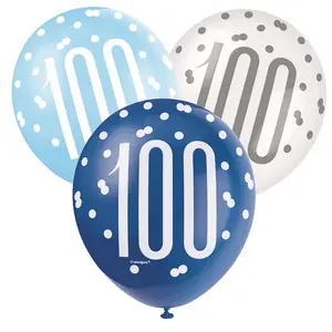 Unique Party Latex Polka Dot 100th Birthday Balloons (Pack of 6) Dark Blue/White/Blue (One Size)