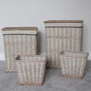 JVL Arianna Rectangular Willow Baskets, Set of 2 Laundry Baskets and 2 Waste Paper Bins, Grey Wash