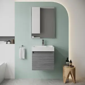 Wall Hung Vanity Basin Unit & Polymarble Basin - 500mm - Woodgrain Anthracite