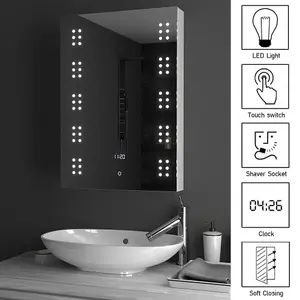 Anti Fog LED Illuminated Touch Control Mirrored Bathroom Cabinet with Shaver Socket and Clock W 500mm  x H 700mm