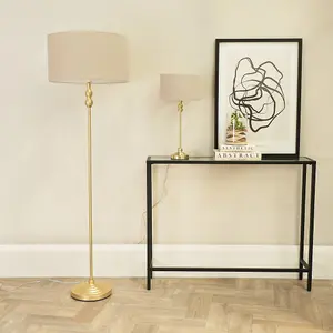 ValueLights Maggie Gold Metal Candlestick Floor Lamp with Natural Fabric Lamp Shade and LED Bulb