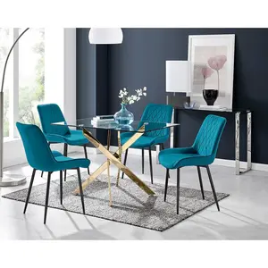 Lenworth Glass Rectangular Dining Table Set with 4 Luxury Velvet Chairs Blue/Black / Gold