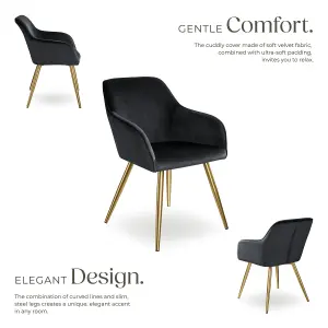 Chair Marilyn - with armrests, padded, velvet look, golden steel legs - black/gold