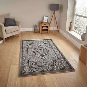 Silver Traditional Easy to Clean Bordered Floral Rug For Dining Room-150cm (Circle)