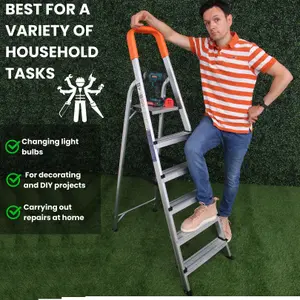 Lightweight Step Ladders 6 Step 167 cm, Max Load 150 kg - Compact Aluminium Portable Stepladder - Heavy Duty Tall Folding Ladder