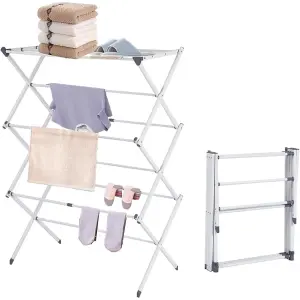 3 Tier Extendable Compact Clothes Airer With 7.5m Washing Line Drying Space Towel Rack - White