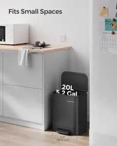 SONGMICS Kitchen Bin, Pedal Bin, Steel Trash Bin, Soft-Close Lid, Stays Open, Inner Bucket, Wide Non-Slip Pedal, Ink Black