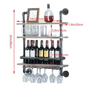 Ade Wall Mounted Wine Bottle & Glass Rack in Black/Brown