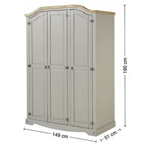 Mercers Furniture Corona Grey Wax 3 Door Arch Top Wardrobe Solid Pine Rustic Mexican Styling