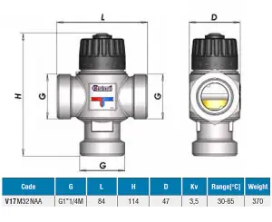 Awenta 5/4 Inch Thermostatic Mixing Valve Mid Port Mixed Water 30-65C 3,5m3/h Male