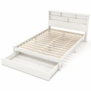 Solid Wood Double Bed with Shelves Headboard and Underbed Drawer 4FT6 White (135 x 190 cm)