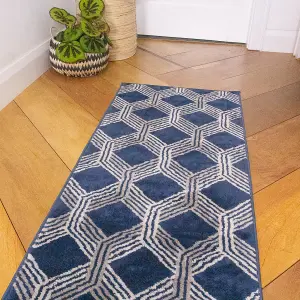 Navy Blue Modern Geometric Runner Rug 60x240cm