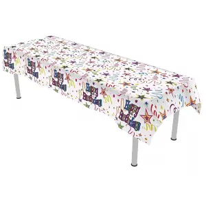 Oaktree Ribbons And Stars Plastic Happy Birthday Party Table Cover White/Multicoloured (One Size)