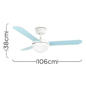 ValueLights 42" / 106cm Modern Duck Egg Blue/Cream Reversible Blade Ceiling Fan with Frosted Opal Shade - with Remote Control