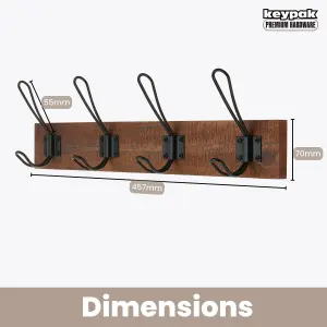 keypak Rustic Wall Mounted Coat Rack, Vintage Double Wire Coat Hooks on Wooden Base, Fixings Included (4 Hooks, Antique Finish)