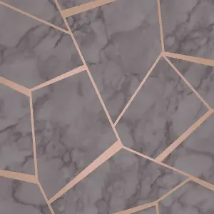 Fractal Geometric Marble Wallpaper Charcoal Grey and Copper - Fine Decor FD42266