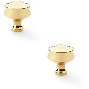 2 PACK - Georgian Round Door Knob - Polished Brass 32mm Kitchen Cabinet Pull Handle