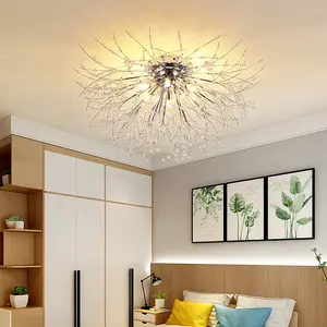 Modern Chrome 6 Lights Sputnik Dandelion Crystal Flush Mount Ceiling Lights Chandelier Lamp 50cm