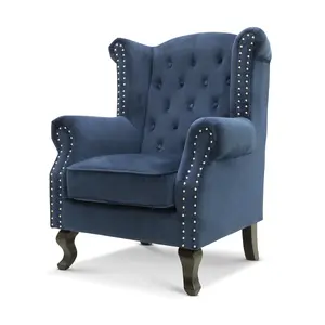 Velvet Wing Back Fireside Henley Chair Armchair with Buttons Navy Blue