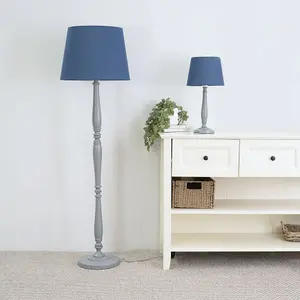 ValueLights Victoria Traditional Grey Wood Candlestick Table Lamp with Navy Blue Tapered Shade - LED Bulb Included