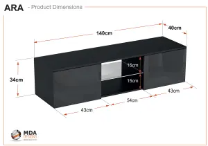 MDA Designs Ara Black Modern TV Cabinet for Flat TV Screens of up to 65" Entertainment Unit with Built-in Blue LED Lights