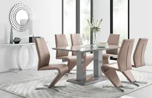 Imperia Grey High Gloss 6 Seater Dining Table with Structural 2 Plinth Column Legs And 6 Beige Faux Leather Willow Chairs