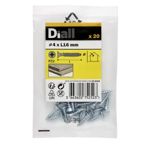 Diall Double-countersunk Zinc-plated Carbon steel Screw (Dia)4mm (L)16mm, Pack of 20