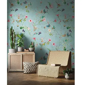 AS Creation Floral Butterfly Duck Egg Wallpaper Feature Wall Mural 159 x 280cm