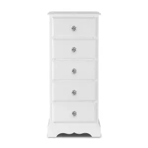 Romance True White 5 Drawer Tallboy with Crystal Handles